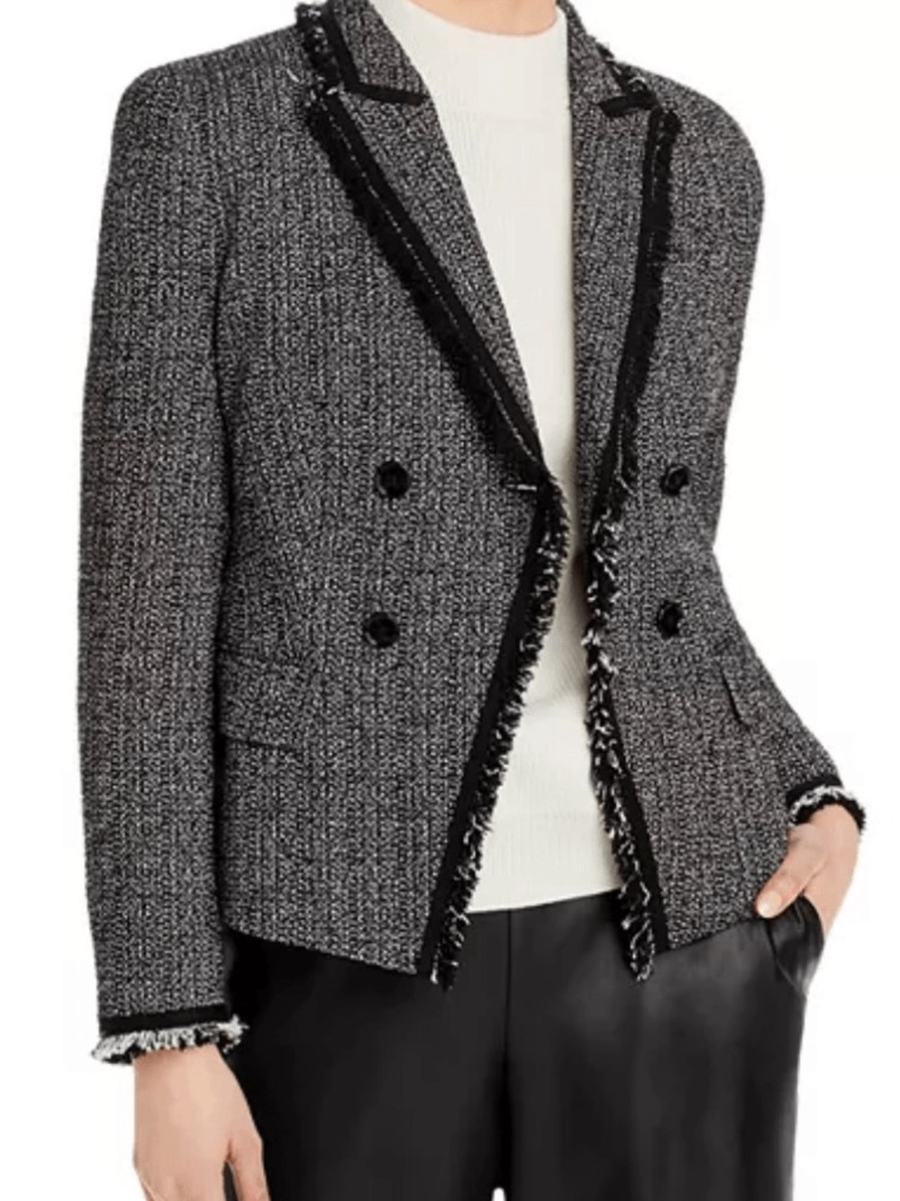 Hugo Boss Black and Gray Tweed Double-Breasted Blazer with Fringe Trim